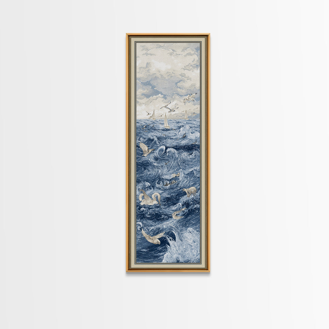 Squid in a Mysterious Midnight Sea Framed Canvas Print, Marine Life Art, Room Decor, Living Room Decor, Fine Art, Marine, MLA-1x3-79