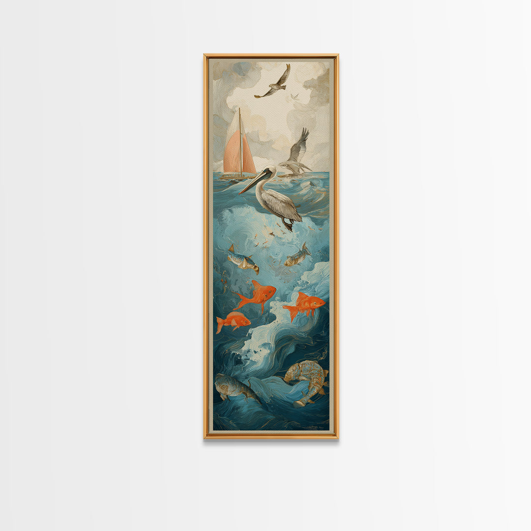 Pelican Diving Toward Fish Near Surface Framed Canvas Print, Marine Life Art, Textured Painting, Living Room Decor, Marine, MLA-1x3-83