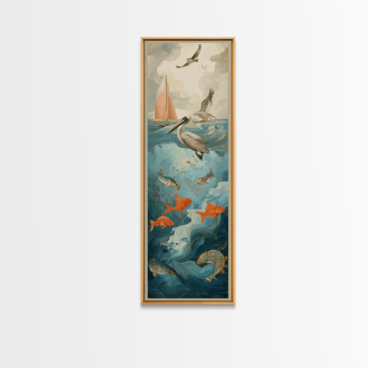 Pelican Diving Toward Fish Near Surface Framed Canvas Print, Marine Life Art, Textured Painting, Living Room Decor, Marine, MLA-1x3-83
