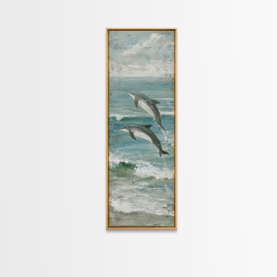 Dolphins Leaping Through Sunlit Waves Framed Canvas Print, Marine Life Art, Watercolor Art, Living Room Decor, Oil Painting, MLA-1x3-91