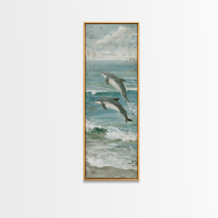Dolphins Leaping Through Sunlit Waves Framed Canvas Print, Marine Life Art, Watercolor Art, Living Room Decor, Oil Painting, MLA-1x3-91