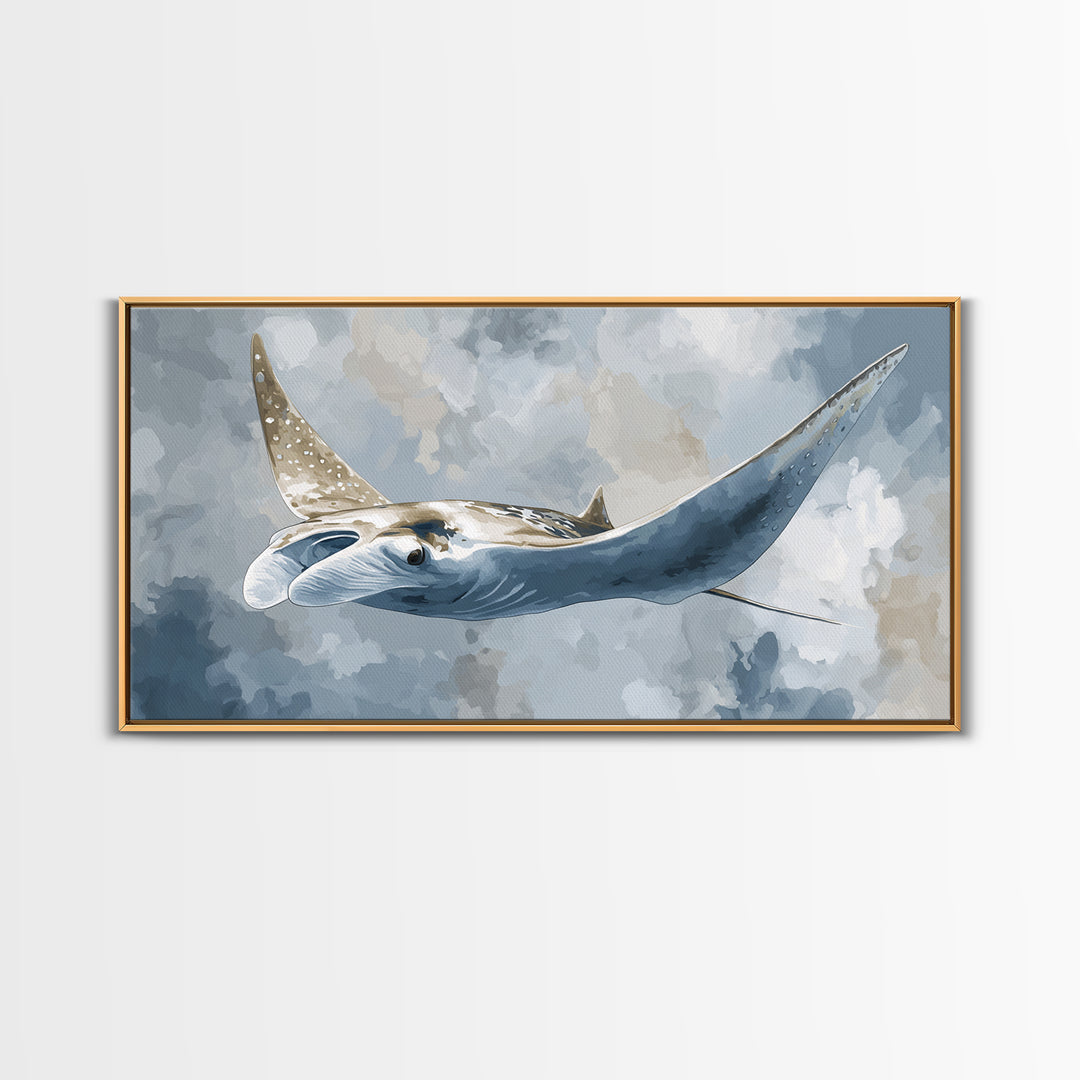 Manta Ray Flying Through Underwater Light Framed Canvas Print, Marine Life Art, Home Decor, Living Room Decor, Fine Art, Marine, MLA-2x1-10
