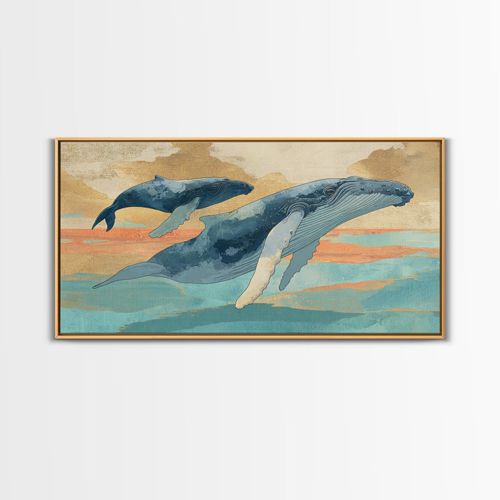 Humpback Whale and Calf Framed Canvas Print, Marine Life Art, Tropical Wall Art, Living Room Decor, Fine Art, Marine, MLA-2x1-14