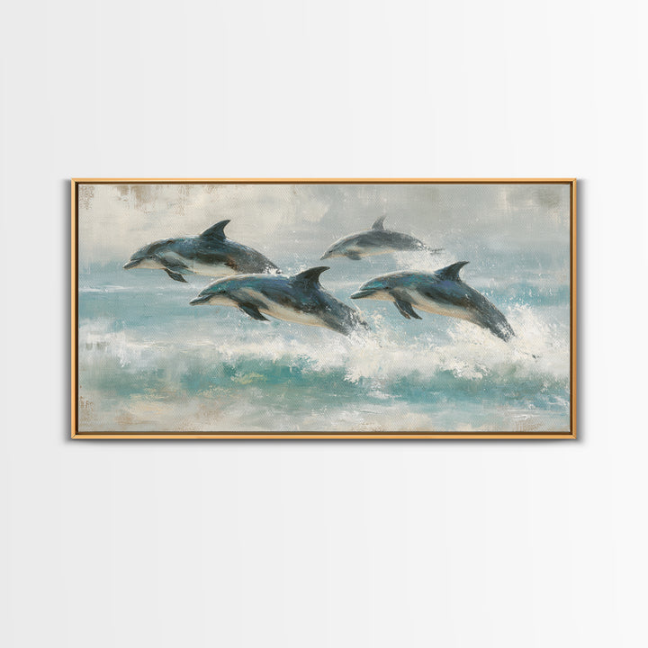 Dolphins Leaping Through Sunlit Waves Framed Canvas Print, Marine Life Art, Coastal Art, Living Room Decor, Fine Art, Marine, MLA-2x1-3