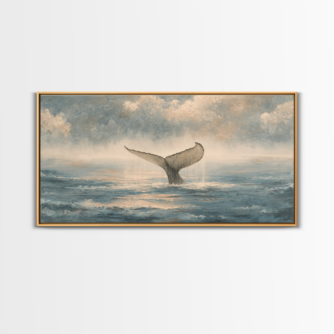 Whale Tail Rising from Misty Ocean Framed Canvas Print, Marine Life Art, Neutral Decor, Living Room Decor, Fine Art, Marine, MLA-2x1-46