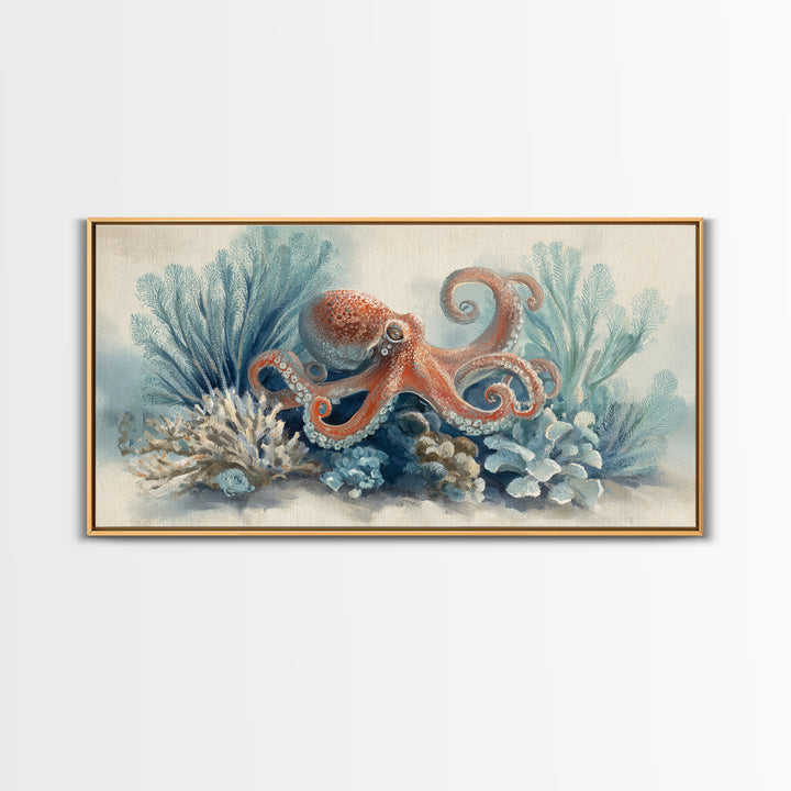 Octopus Curling Around Coral Canvas Print, Marine Life Art, Beach Decor, Living Room Decor, Oil Painting, Marine, Ocean Decor, MLA-2x1-47