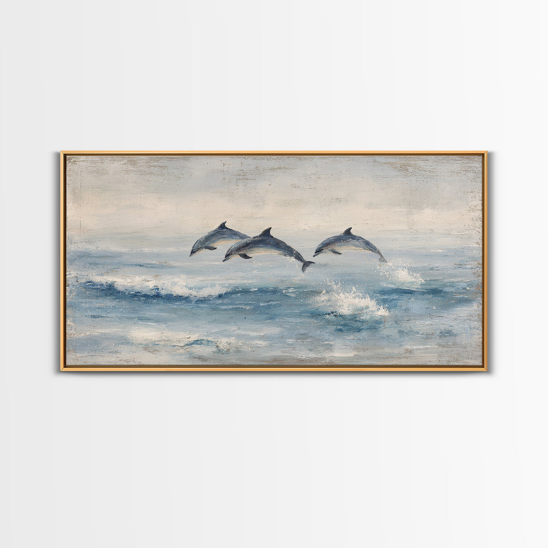 Dolphins Leaping Through Sunlit Waves Framed Canvas Print, Marine Life Art, Coastal Art, Living Room Decor, Watercolor Art, MLA-2x1-51