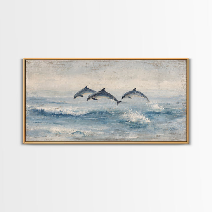 Dolphins Leaping Through Sunlit Waves Framed Canvas Print, Marine Life Art, Coastal Art, Living Room Decor, Watercolor Art, MLA-2x1-51