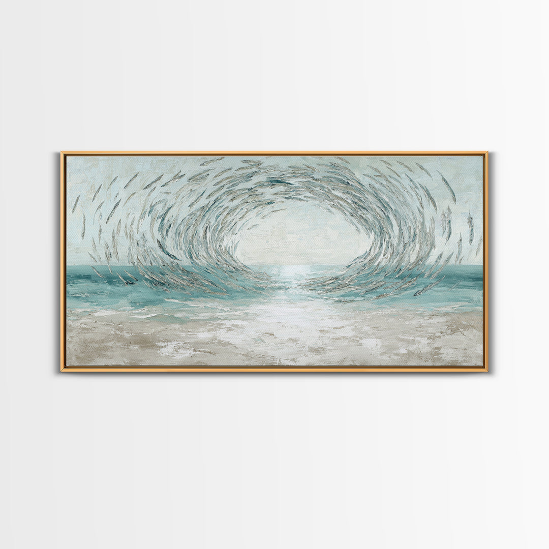 School of Fish Forming a Silver Spiral Framed Canvas Print, Marine Life Art, Coastal Art, Living Room Decor, Fine Art, Marine, MLA-2x1-72