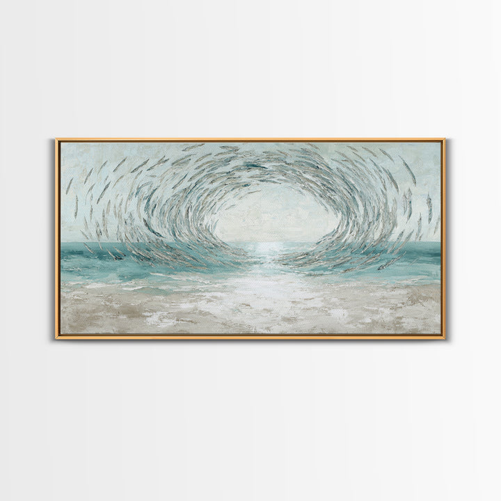 School of Fish Forming a Silver Spiral Framed Canvas Print, Marine Life Art, Coastal Art, Living Room Decor, Fine Art, Marine, MLA-2x1-72