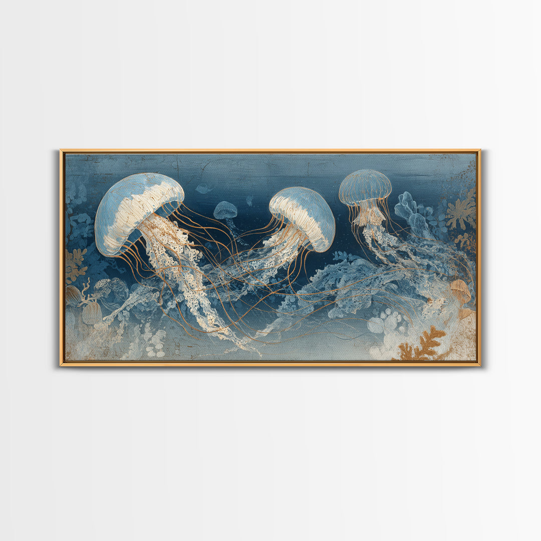 Jellyfish Floating in Luminous Dark Water Canvas Print, Marine Life Art, Art Print, Living Room Decor, Watercolor Art, Marine, MLA-2x1-74