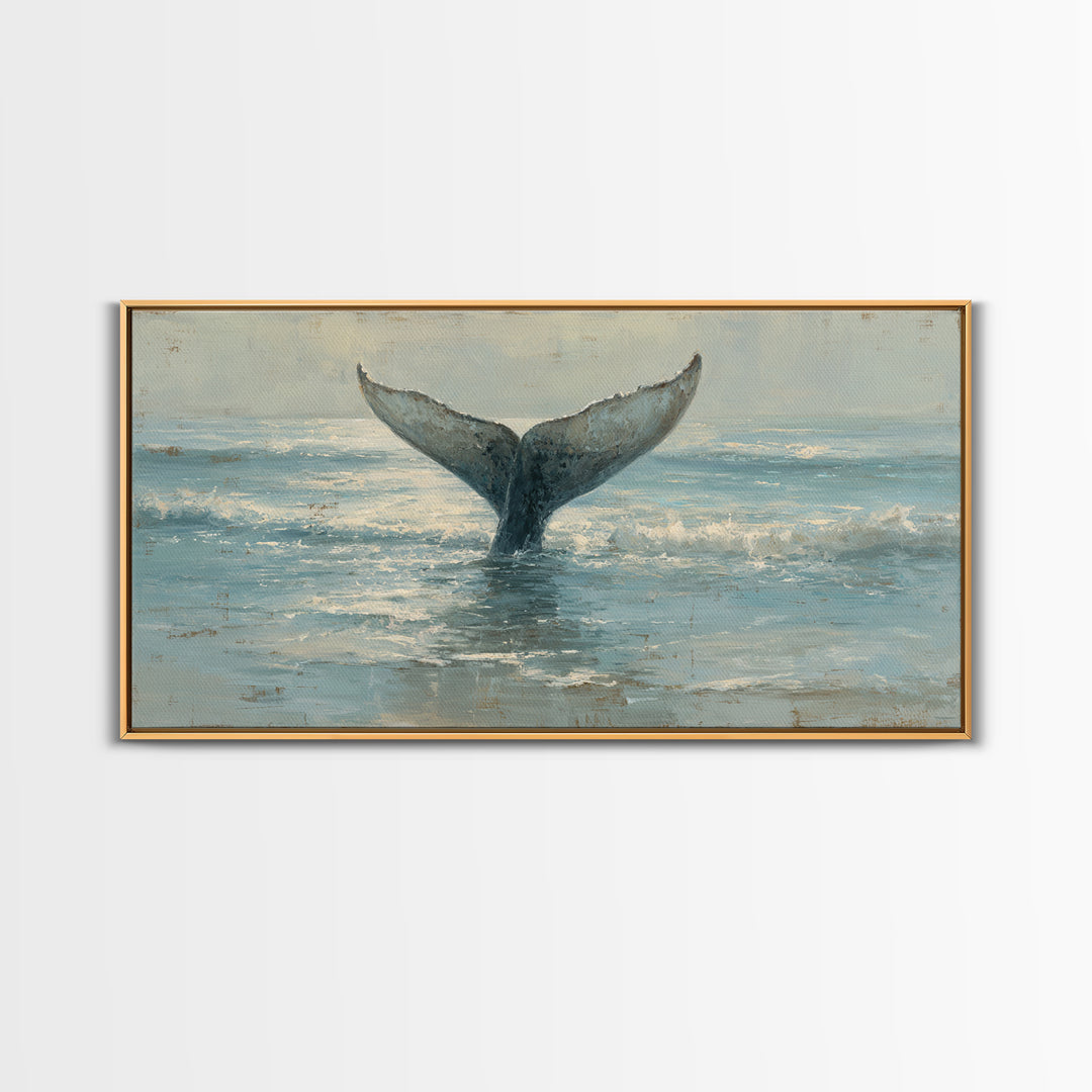 Whale Tail Rising from Misty Ocean Canvas Print, Marine Life Art, Luxury Decor, Living Room Decor, Oil Painting, Marine, MLA-2x1-94