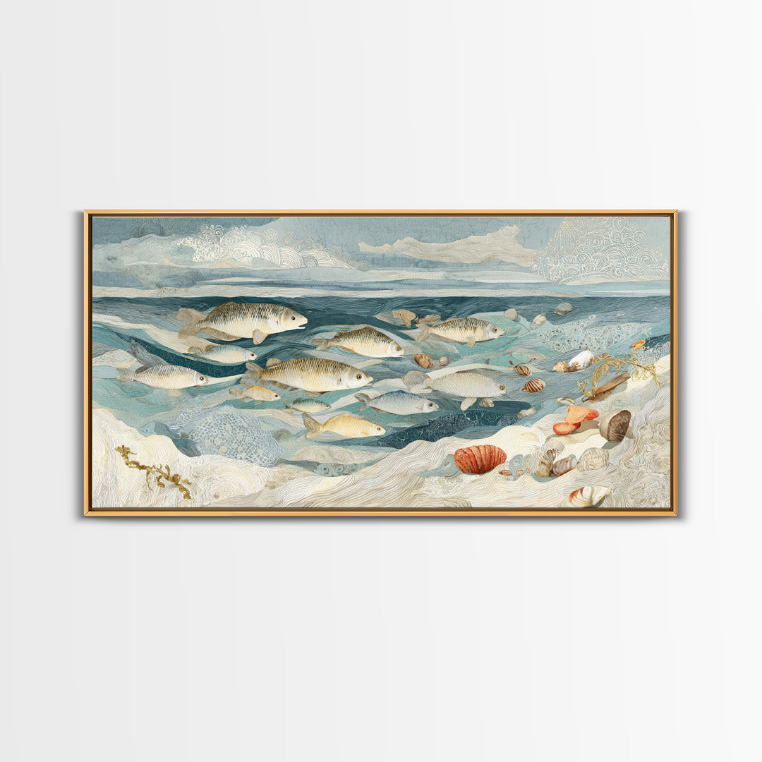 School of Fish Forming a Silver Spiral Framed Canvas Print, Marine Life Art, Ocean Decor, Living Room Decor, Oil Painting, MLA-2x1-96