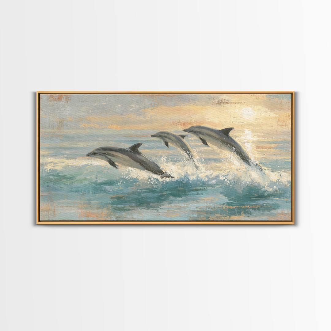 Dolphins Leaping Through Sunlit Waves Framed Canvas Print, Marine Life Art, Coastal Art, Living Room Decor, Fine Art, Marine, MLA-2x1-99
