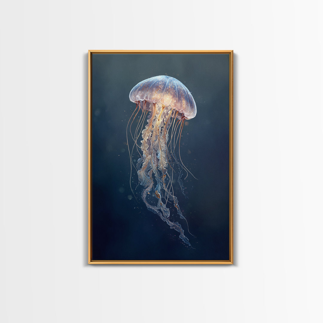 Jellyfish Floating in Luminous Dark Water Canvas Print, Marine Life Art, Handmade Art, Living Room Decor, Oil Painting, Marine, MLA-2x3-14