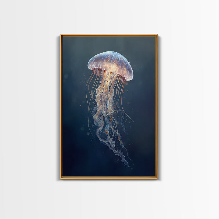 Jellyfish Floating in Luminous Dark Water Canvas Print, Marine Life Art, Handmade Art, Living Room Decor, Oil Painting, Marine, MLA-2x3-14