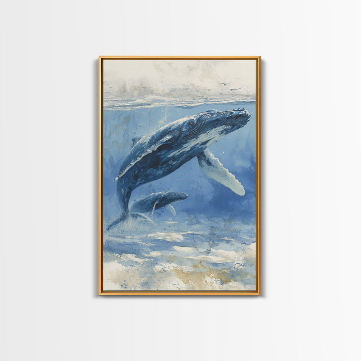 Humpback Whale and Calf Framed Canvas Print, Marine Life Art, Tropical Wall Art, Living Room Decor, Fine Art, Marine, MLA-2x3-26