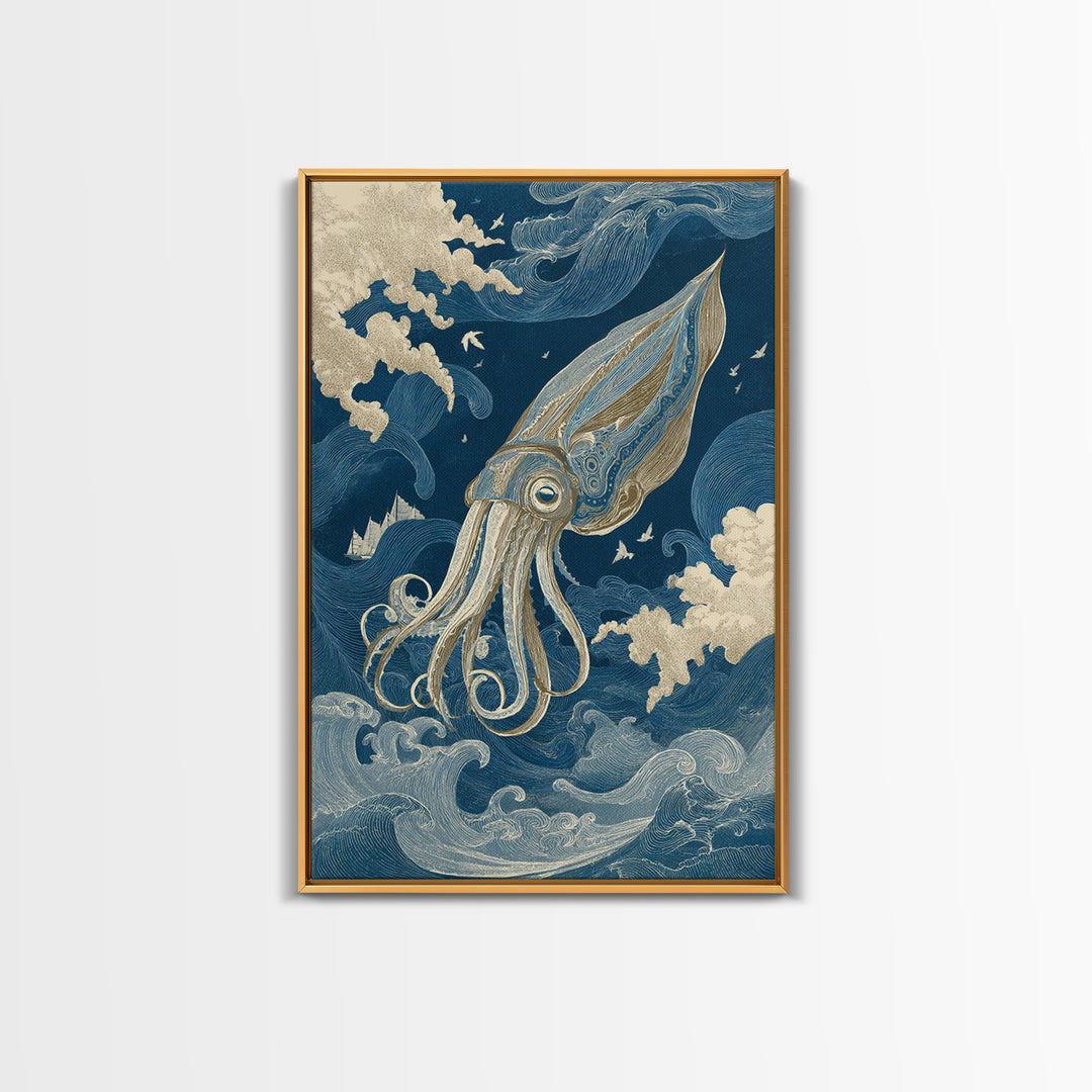 Squid in a Mysterious Midnight Sea Canvas Print, Marine Life Art, Ocean Wall Art, Living Room Decor, Watercolor Art, Marine, MLA-2x3-27