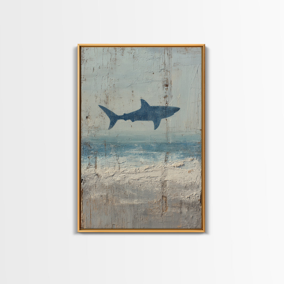 Shark Silhouette in Deep Blue Light Framed Canvas Print, Marine Life Art, Nautical Wall Art, Living Room Decor, Watercolor Art, MLA-2x3-44