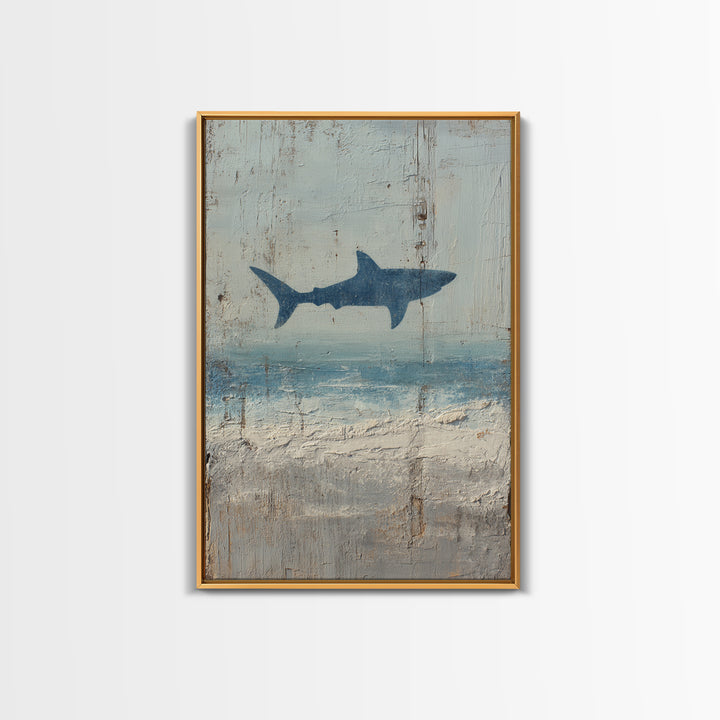 Shark Silhouette in Deep Blue Light Framed Canvas Print, Marine Life Art, Nautical Wall Art, Living Room Decor, Watercolor Art, MLA-2x3-44