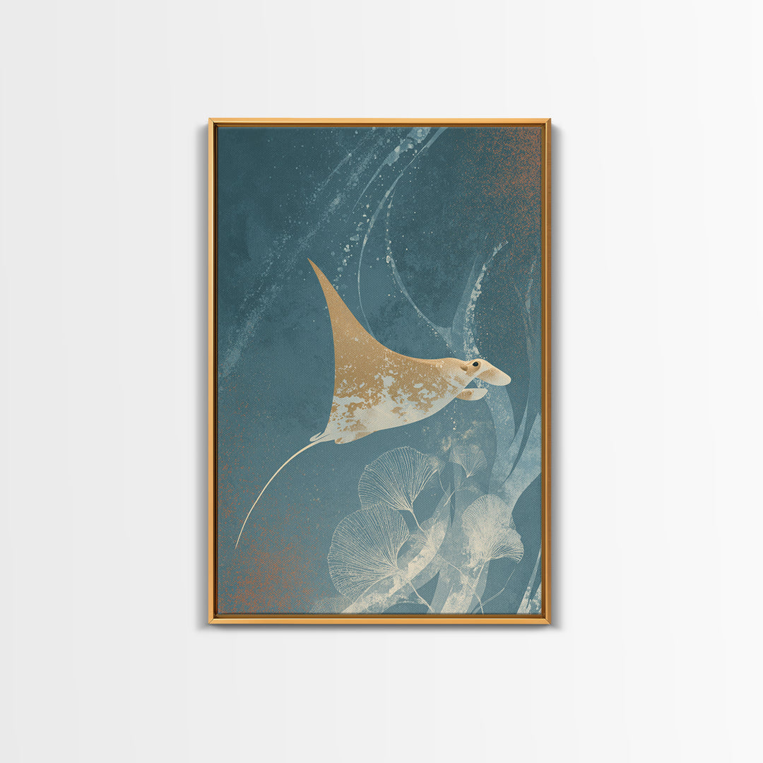 Manta Ray Flying Through Underwater Light Framed Canvas Print, Marine Life Art, Home Decor, Living Room Decor, Fine Art, Marine, MLA-2x3-46