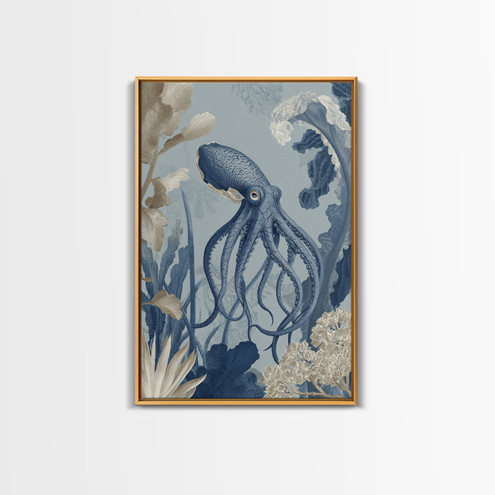 Squid in a Mysterious Midnight Sea Framed Canvas Print, Marine Life Art, Ocean Decor, Living Room Decor, Oil Painting, Marine, MLA-2x3-51