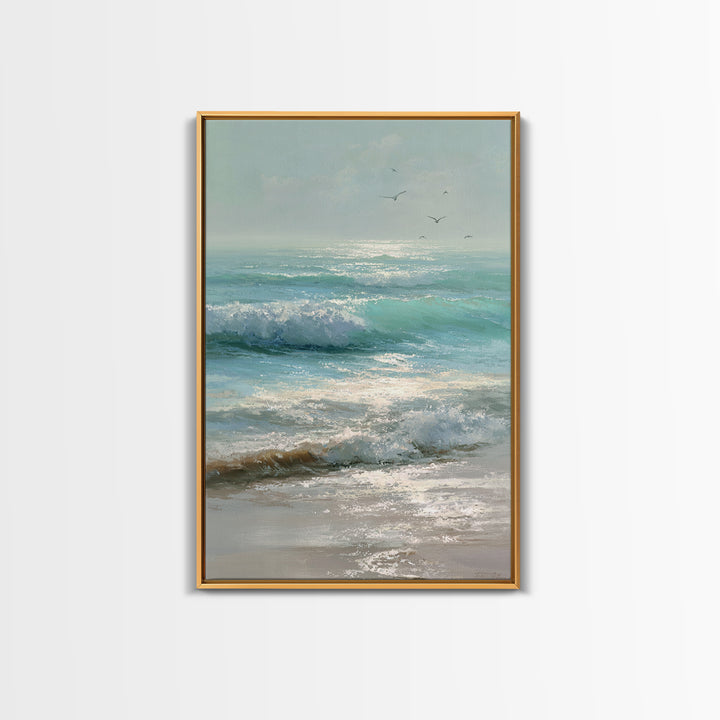 Dolphins Leaping Through Sunlit Waves Framed Canvas Print, Marine Life Art, Ocean Painting, Living Room Decor, Watercolor Art, MLA-2x3-63