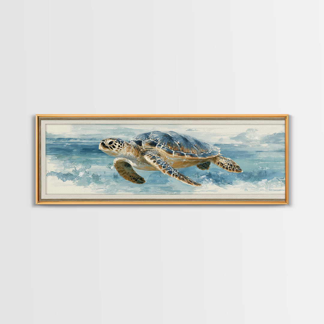 Sea Turtle Gliding Through Clear Blue Water Framed Canvas Print, Marine Life Art, Watercolor Art, Living Room Decor, Marine, MLA-3x1-17