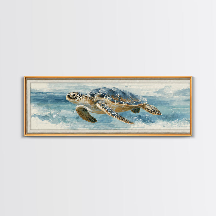 Sea Turtle Gliding Through Clear Blue Water Framed Canvas Print, Marine Life Art, Watercolor Art, Living Room Decor, Marine, MLA-3x1-17