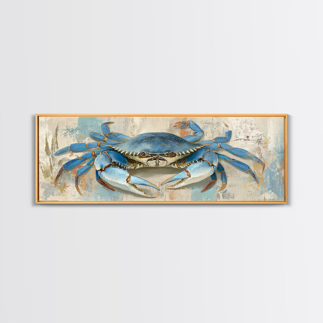 Blue Crab with Painterly Shell Texture Framed Canvas Print, Marine Life Art, Room Decor, Living Room Decor, Fine Art, Marine, MLA-3x1-2