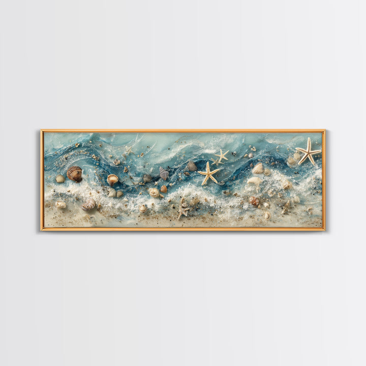 Starfish and Shells Natural Specimen Layout Framed Canvas Print, Marine Life Art, Coastal Art, Living Room Decor, Marine, MLA-3x1-53