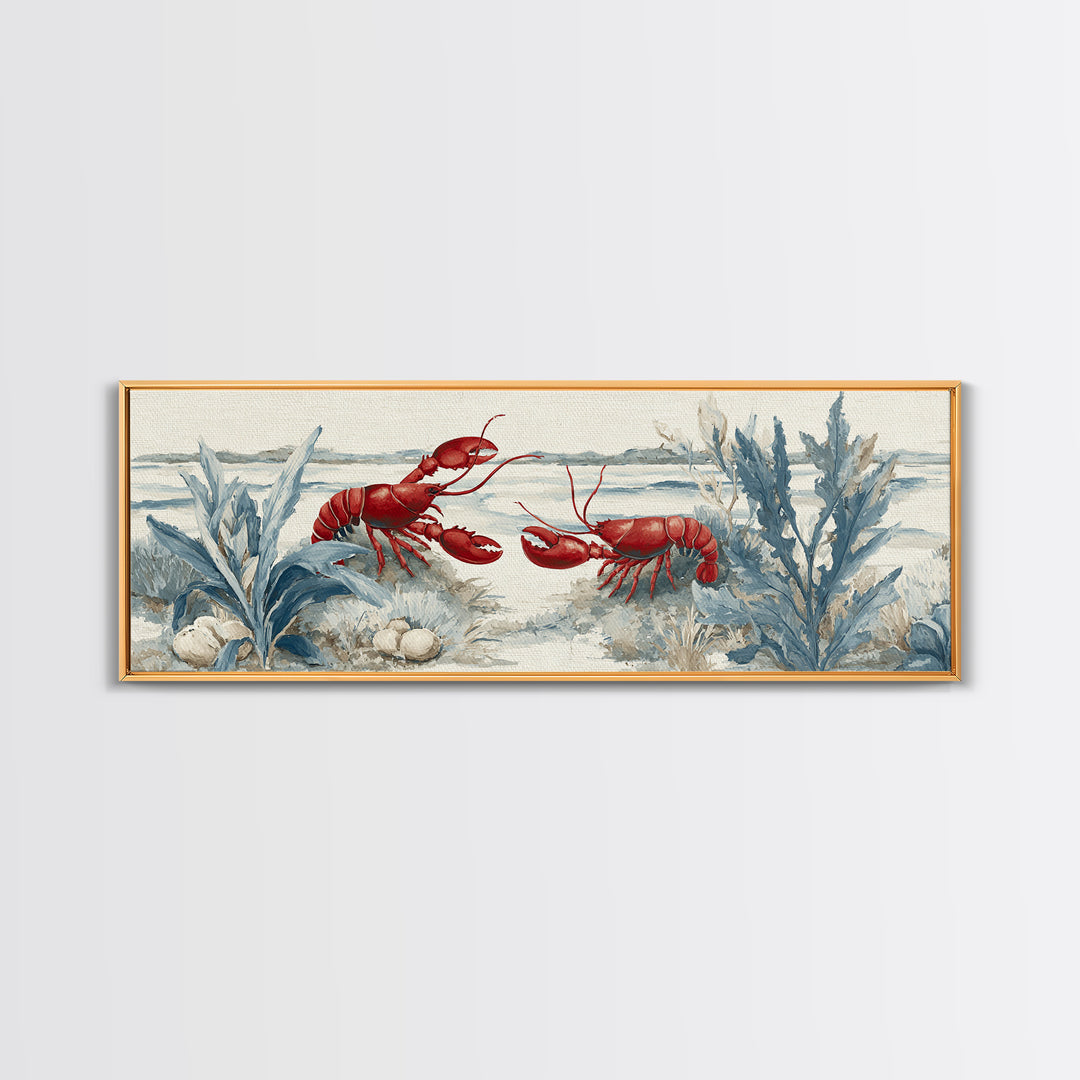 Lobster in Bold Coastal Red Palette Framed Canvas Print, Marine Life Art, Tropical Wall Art, Living Room Decor, Marine, MLA-3x1-7