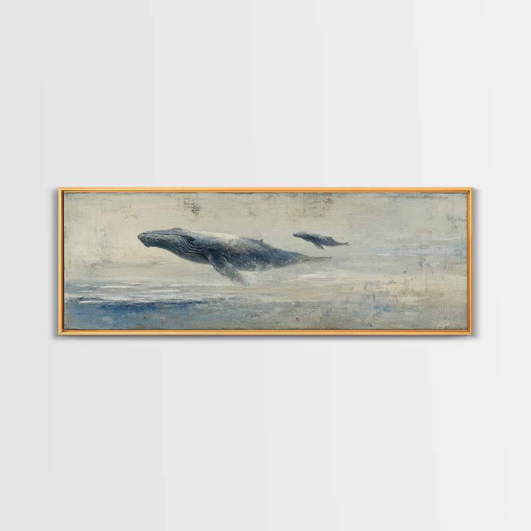 Humpback Whale and Calf Framed Canvas Print, Marine Life Art, Coastal Wall Art, Living Room Decor, Oil Painting, Marine, MLA-3x1-82