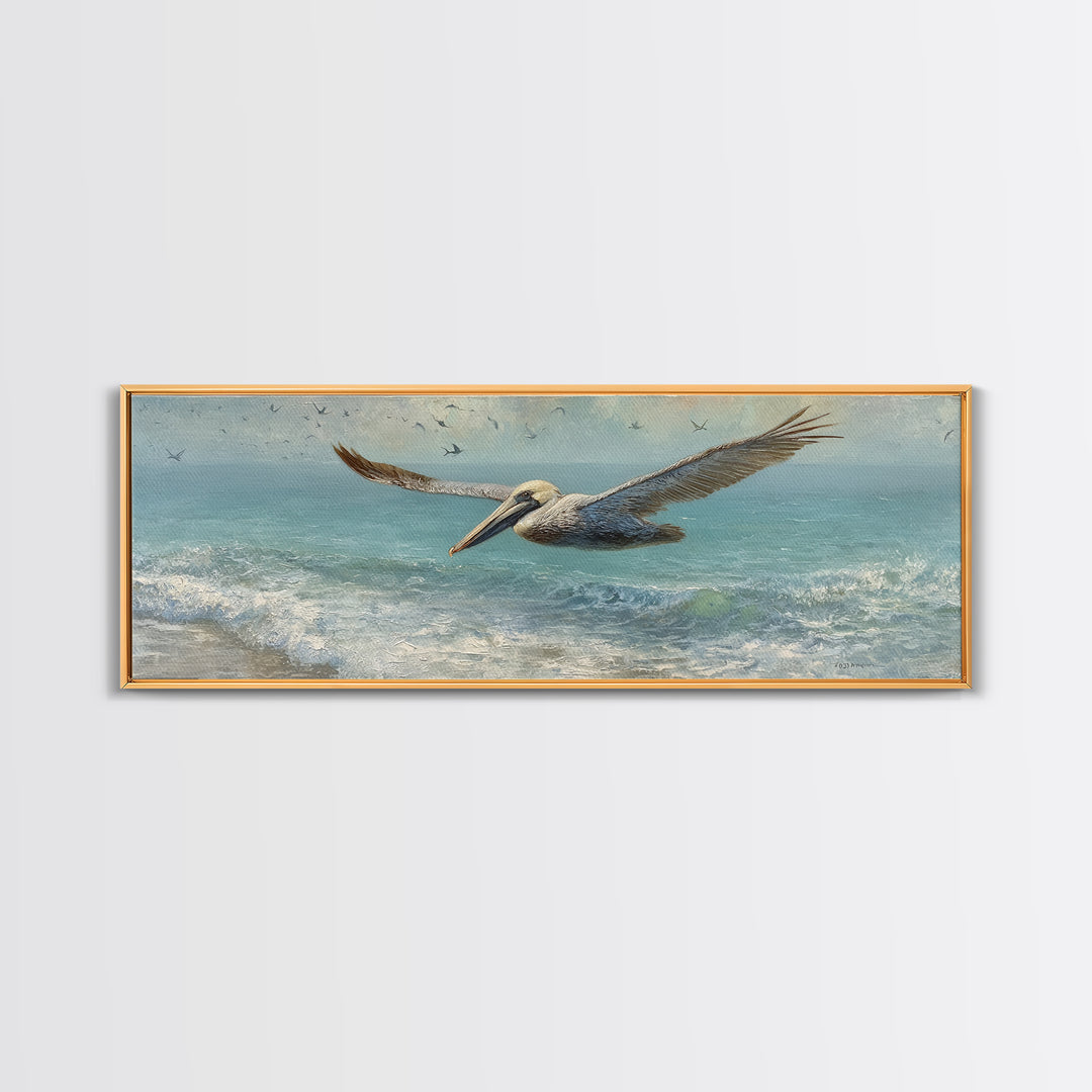 Pelican Diving Toward Fish Near Surface Framed Canvas Print, Marine Life Art, Contemporary Art, Living Room Decor, Marine, MLA-3x1-87