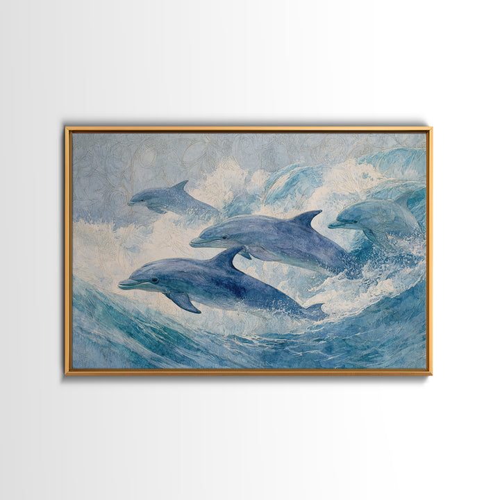 Dolphins Leaping Through Sunlit Waves Canvas Print, Marine Life Art, Minimalist Decor, Living Room Decor, Fine Art, Marine, MLA-3x2-11