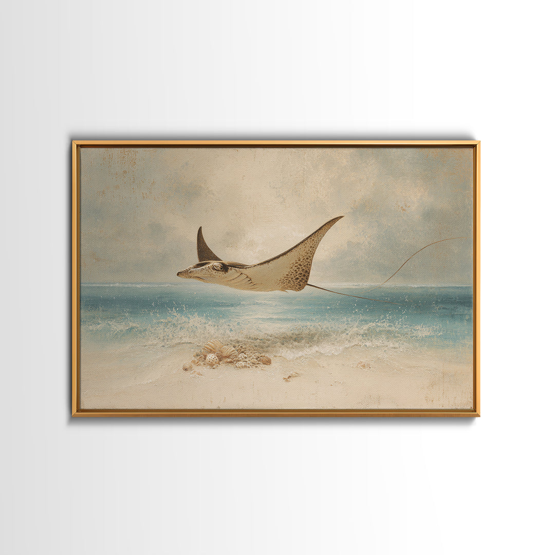 Manta Ray Flying Through Underwater Light Framed Canvas Print, Marine Life Art, Textured Painting, Living Room Decor, Marine, MLA-3x2-18
