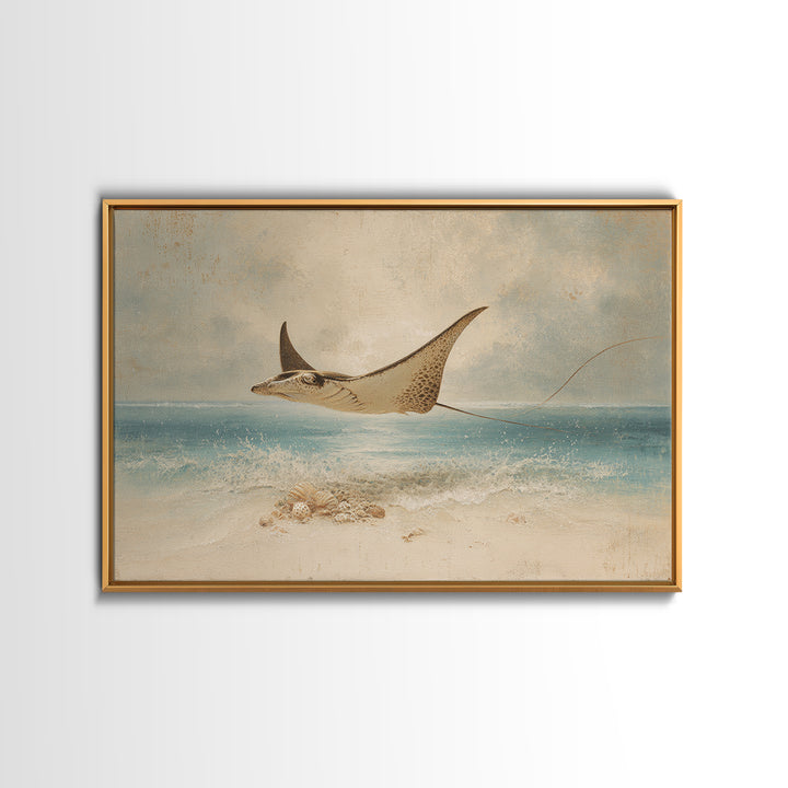Manta Ray Flying Through Underwater Light Framed Canvas Print, Marine Life Art, Textured Painting, Living Room Decor, Marine, MLA-3x2-18