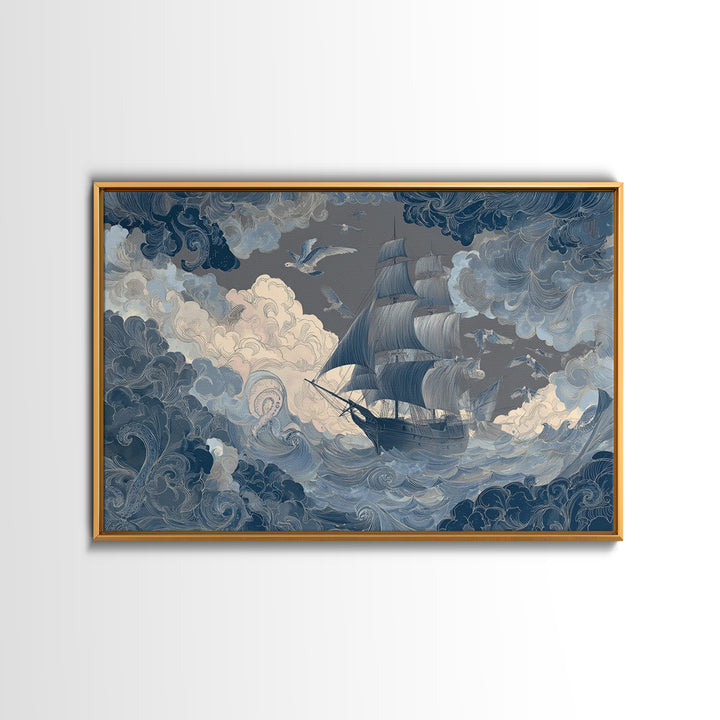 Squid in a Mysterious Midnight Sea Framed Canvas Print, Marine Life Art, Room Decor, Living Room Decor, Fine Art, Marine, MLA-3x2-23