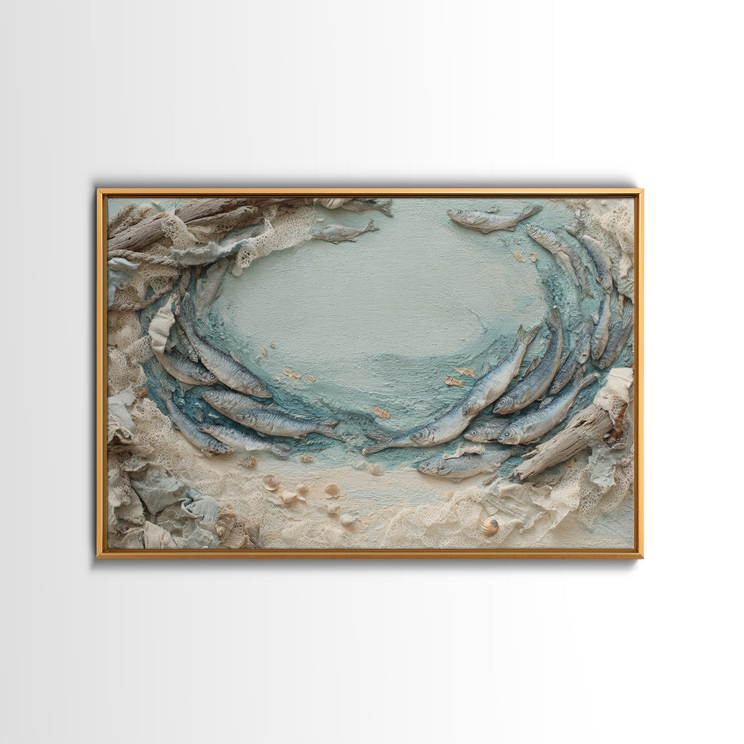 School of Fish Forming a Silver Spiral Canvas Print, Marine Life Art, Minimalist Decor, Living Room Decor, Fine Art, Marine, MLA-3x2-32