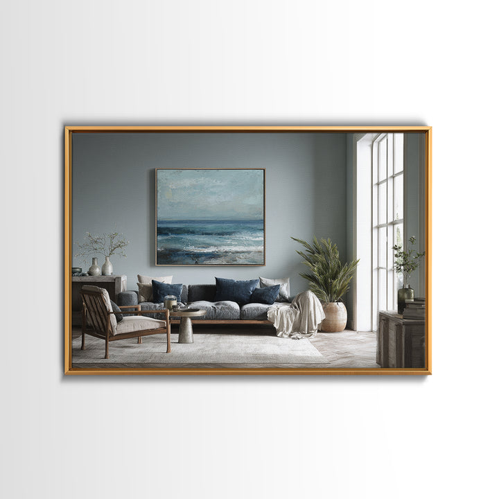 Squid in a Mysterious Midnight Sea Framed Canvas Print, Marine Life Art, Ocean Decor, Living Room Decor, Oil Painting, Marine, MLA-3x2-47