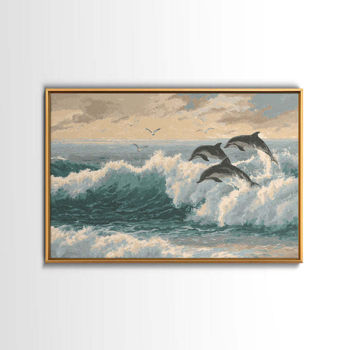 Dolphins Leaping Through Sunlit Waves Framed Canvas Print, Marine Life Art, Original Artwork, Living Room Decor, Oil Painting, MLA-3x2-59