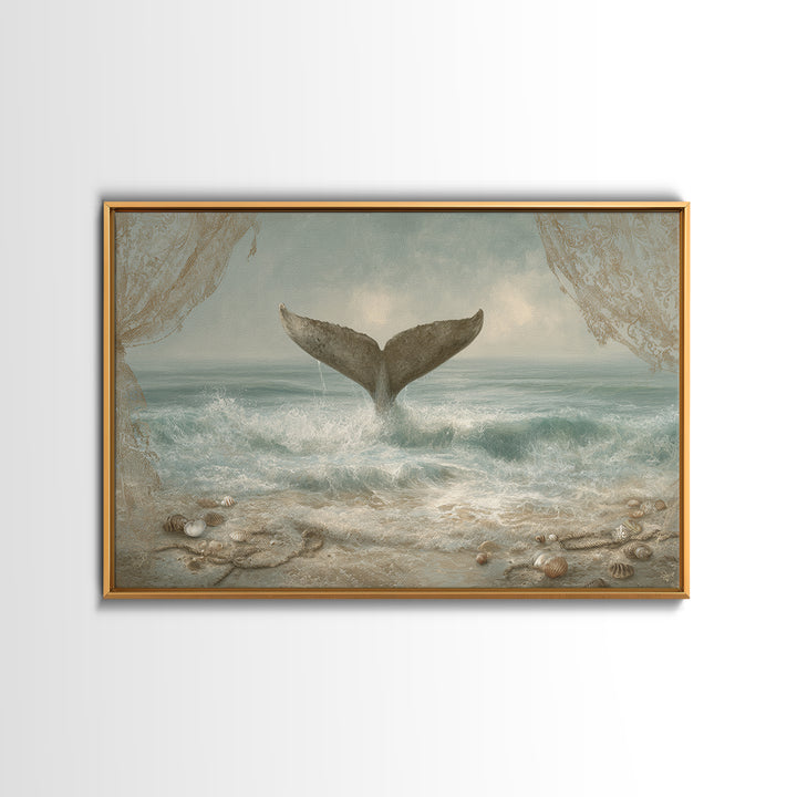 Whale Tail Rising from Misty Ocean Framed Canvas Print, Marine Life Art, Contemporary Art, Living Room Decor, Fine Art, Marine, MLA-3x2-6