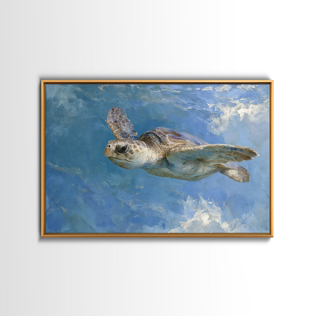 Sea Turtle Gliding Through Clear Blue Water Framed Canvas Print, Marine Life Art, Original Artwork, Living Room Decor, Marine, MLA-3x2-77