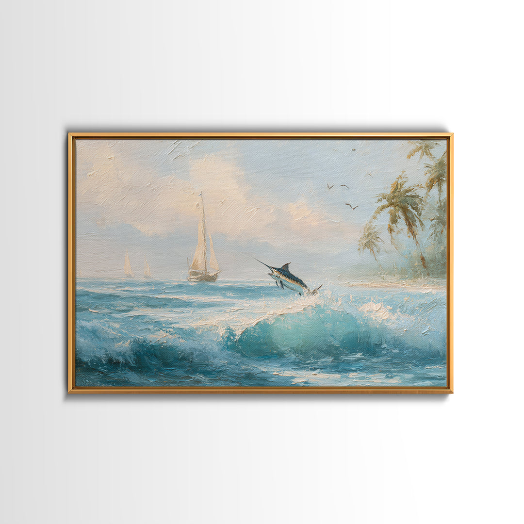 Sailfish Leaping in Dramatic Motion Framed Canvas Print, Marine Life Art, Nautical Wall Decor, Living Room Decor, MLA-3x2-97