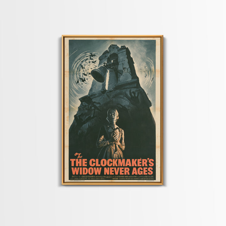 The Clockmaker's Widow Never Ages, French Horror Film Poster, Retro Gothic Cinema Art, Vintage Halloween Wall Art, Framed Canvas Print
