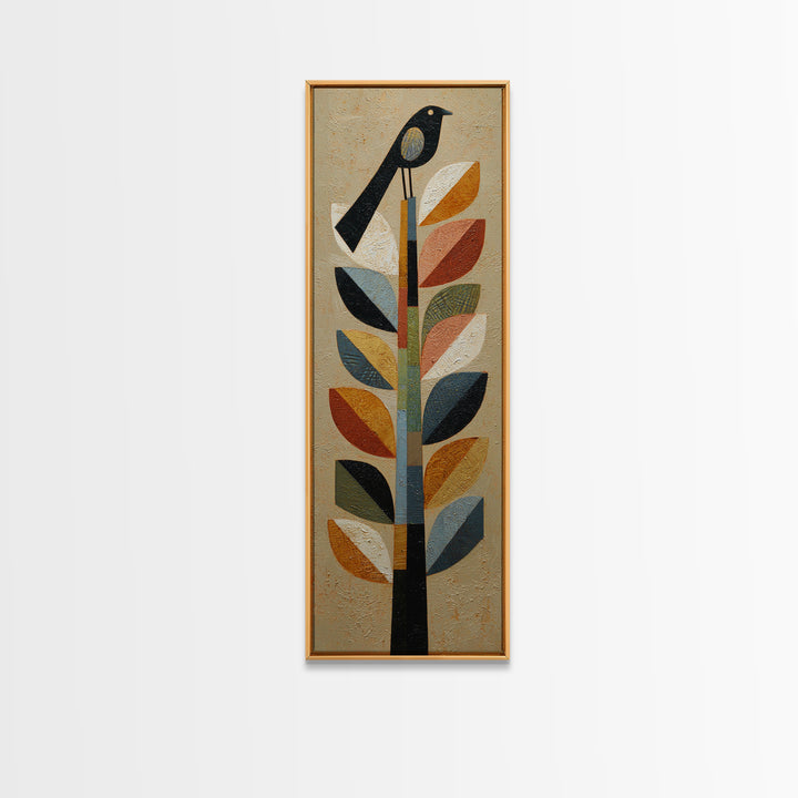 Bird Motif with Playful Geometric Feathers Canvas Print, Midcentury Modern Art, Retro Wall Art, Living Room Decor, Retro, MMA-1x3-96