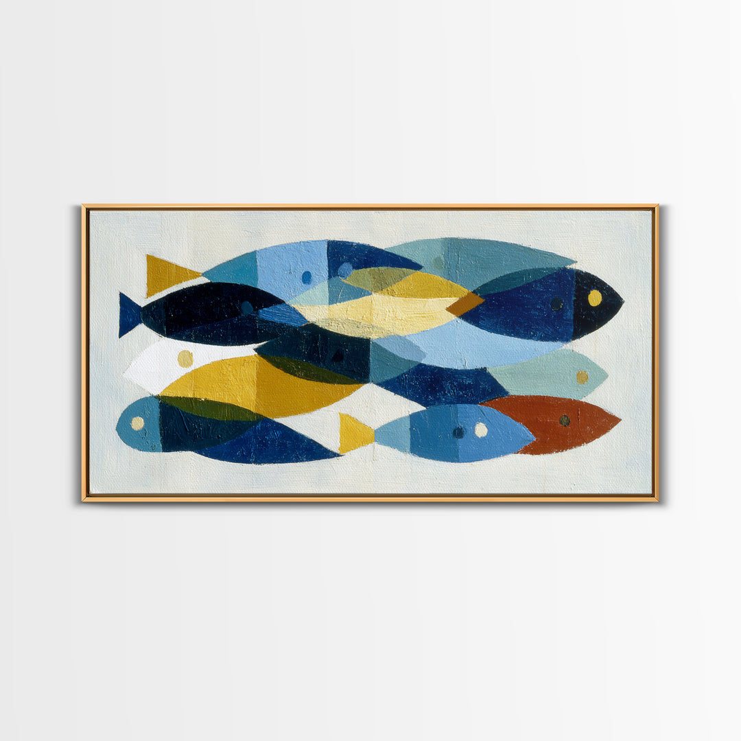 Abstract Fish Shapes Framed Canvas Print, Midcentury Modern Art, Luxury Decor, Living Room Decor, Abstract Art, Retro, MMA-2x1-38