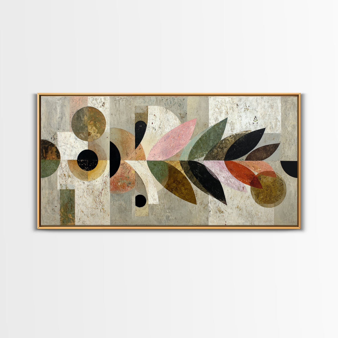Bird Motif with Playful Geometric Feathers Framed Canvas Print, Midcentury Modern Art, Digital Print, Living Room Decor, Retro, MMA-2x1-80
