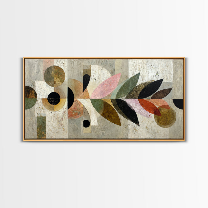 Bird Motif with Playful Geometric Feathers Framed Canvas Print, Midcentury Modern Art, Digital Print, Living Room Decor, Retro, MMA-2x1-80