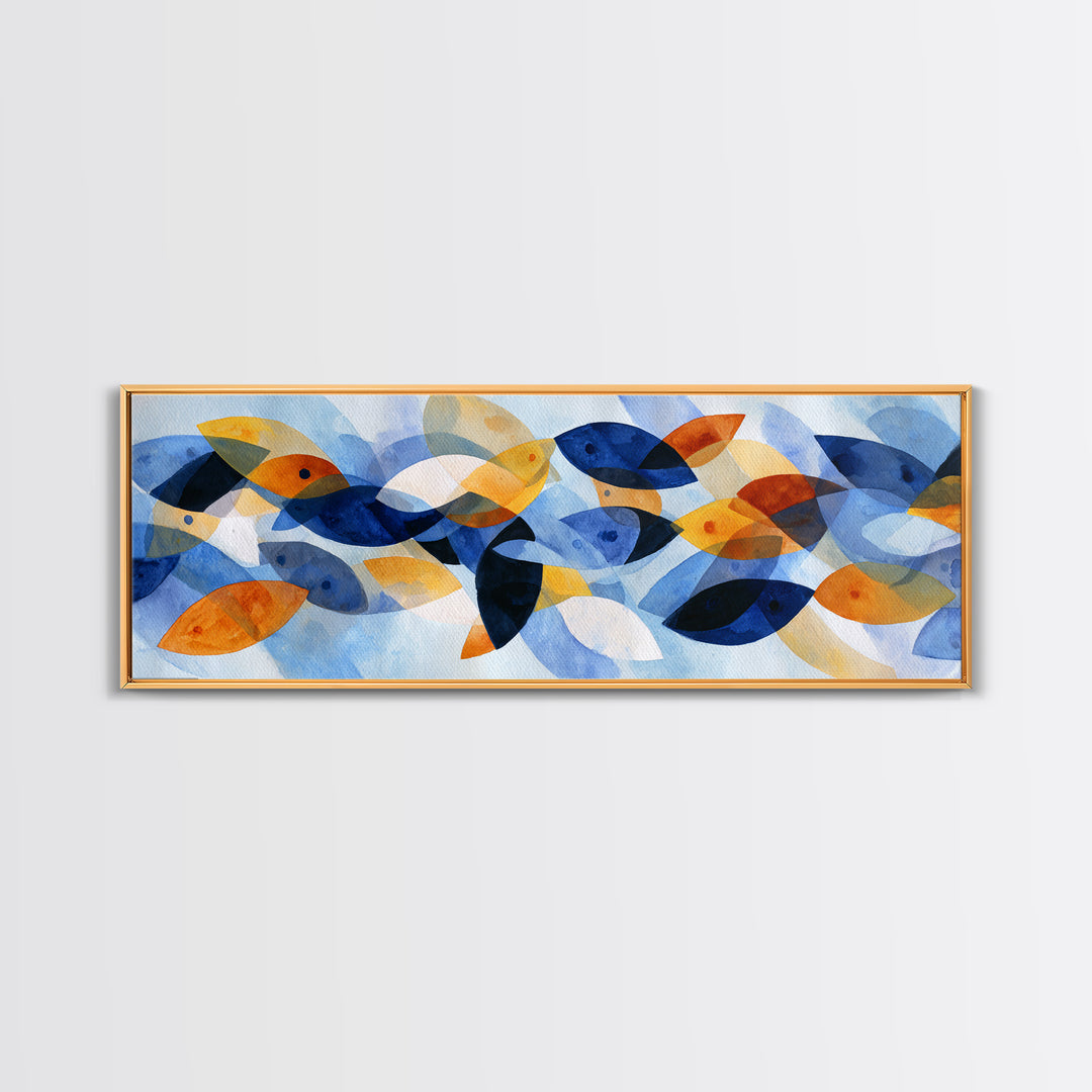 Abstract Fish Shapes Framed Canvas Print, Midcentury Modern Art, Digital Prints, Living Room Decor, Abstract Art, Retro, MMA-3x1-10